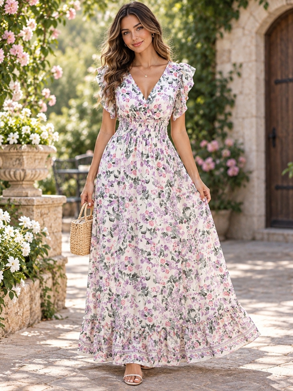 Max Studio Pink Floral V-Neck Smocked Maxi Dress